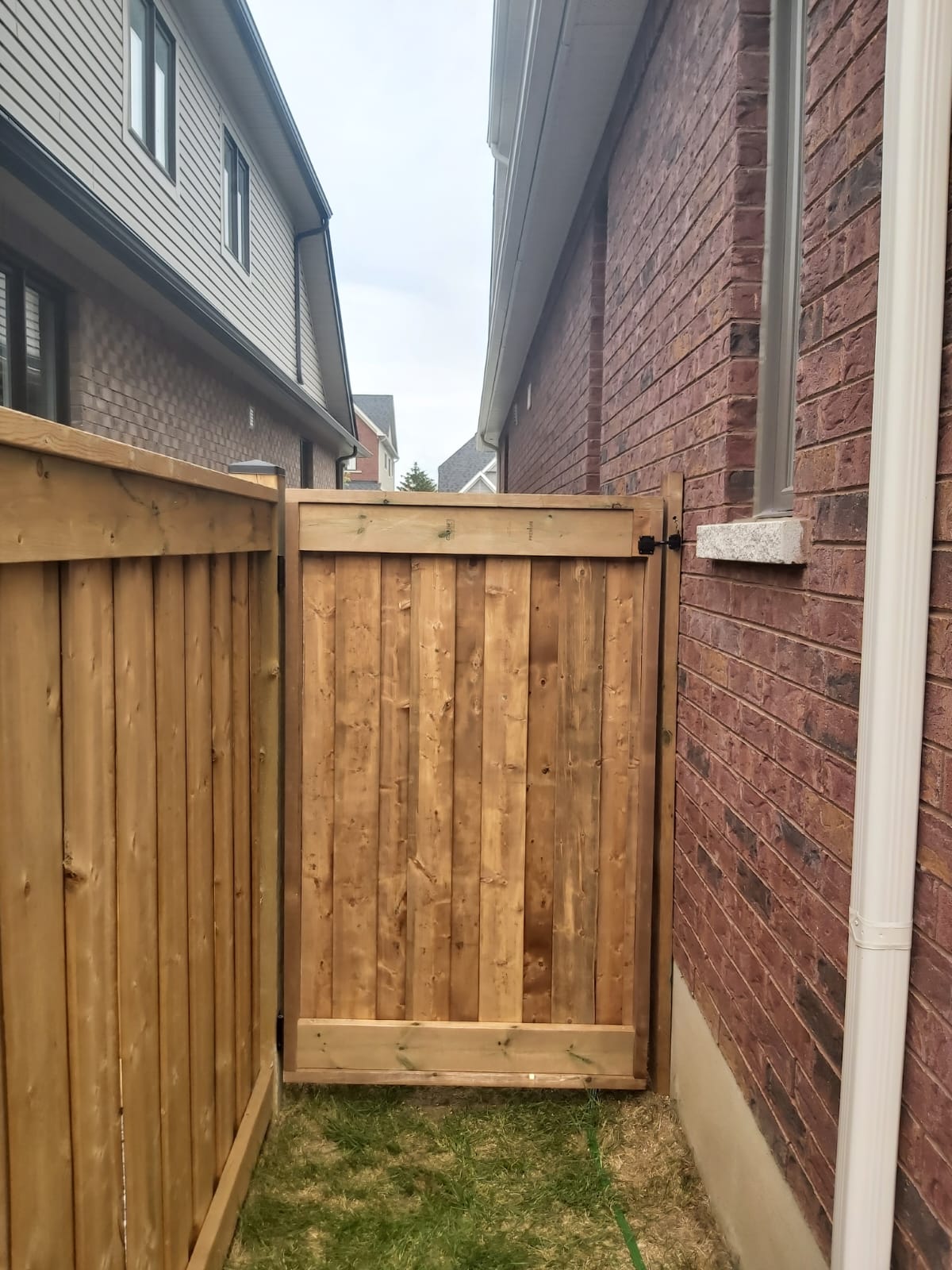 Port Perry Gate Installation – Wilworks Renovations Wood side gate installed between homes in Port Perry with black hardware and pressure-treated framing
