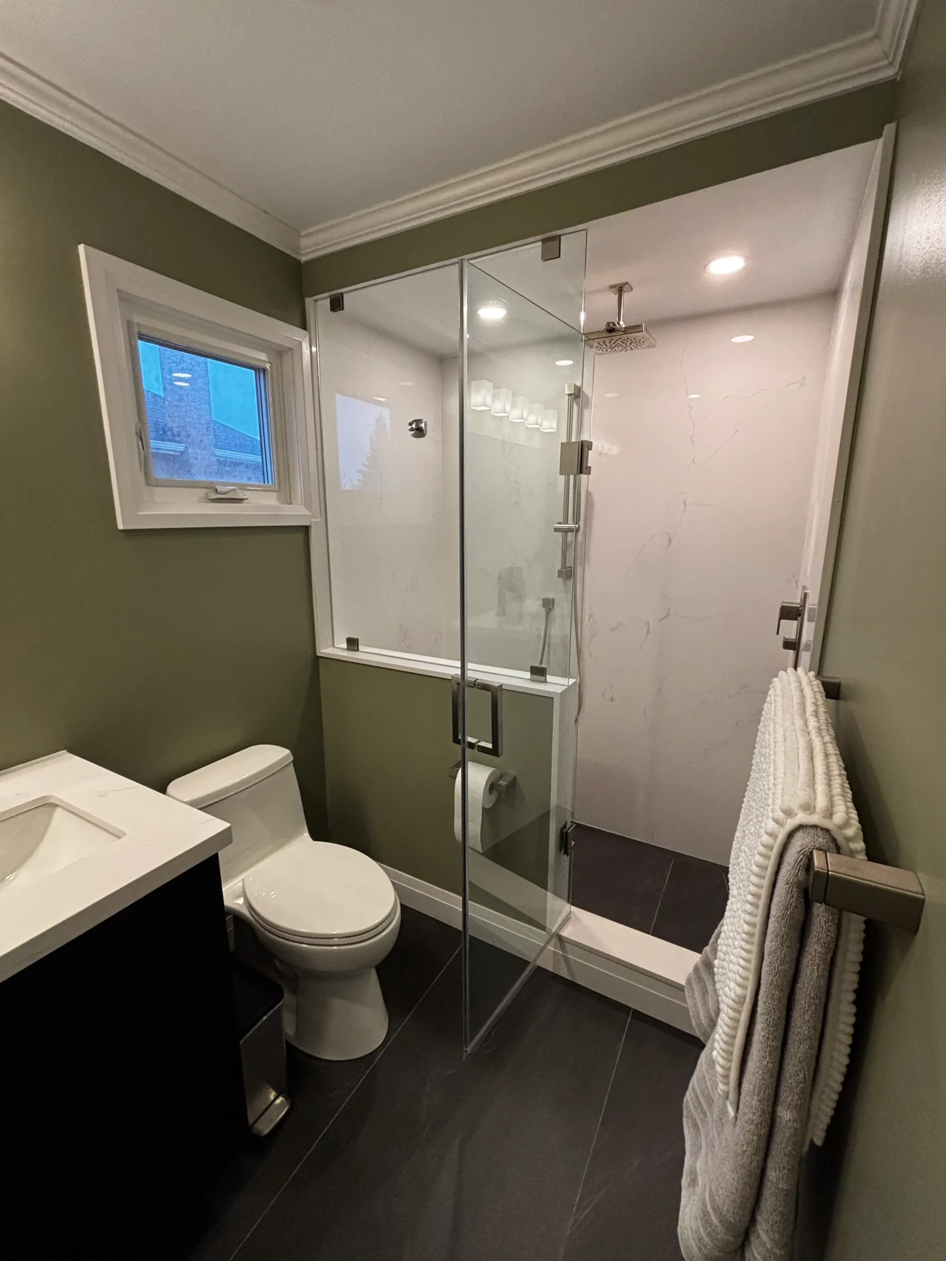 Courtice Bathroom After — Shower Entry Angle Walk-in glass shower entry angle after bathroom renovation in Courtice
